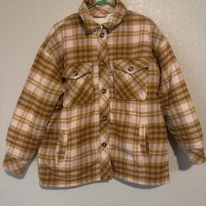 Aerie Womens Shacket Jacket Shirt Sz Small Yellow Pink Plaid Flannel Sherpa